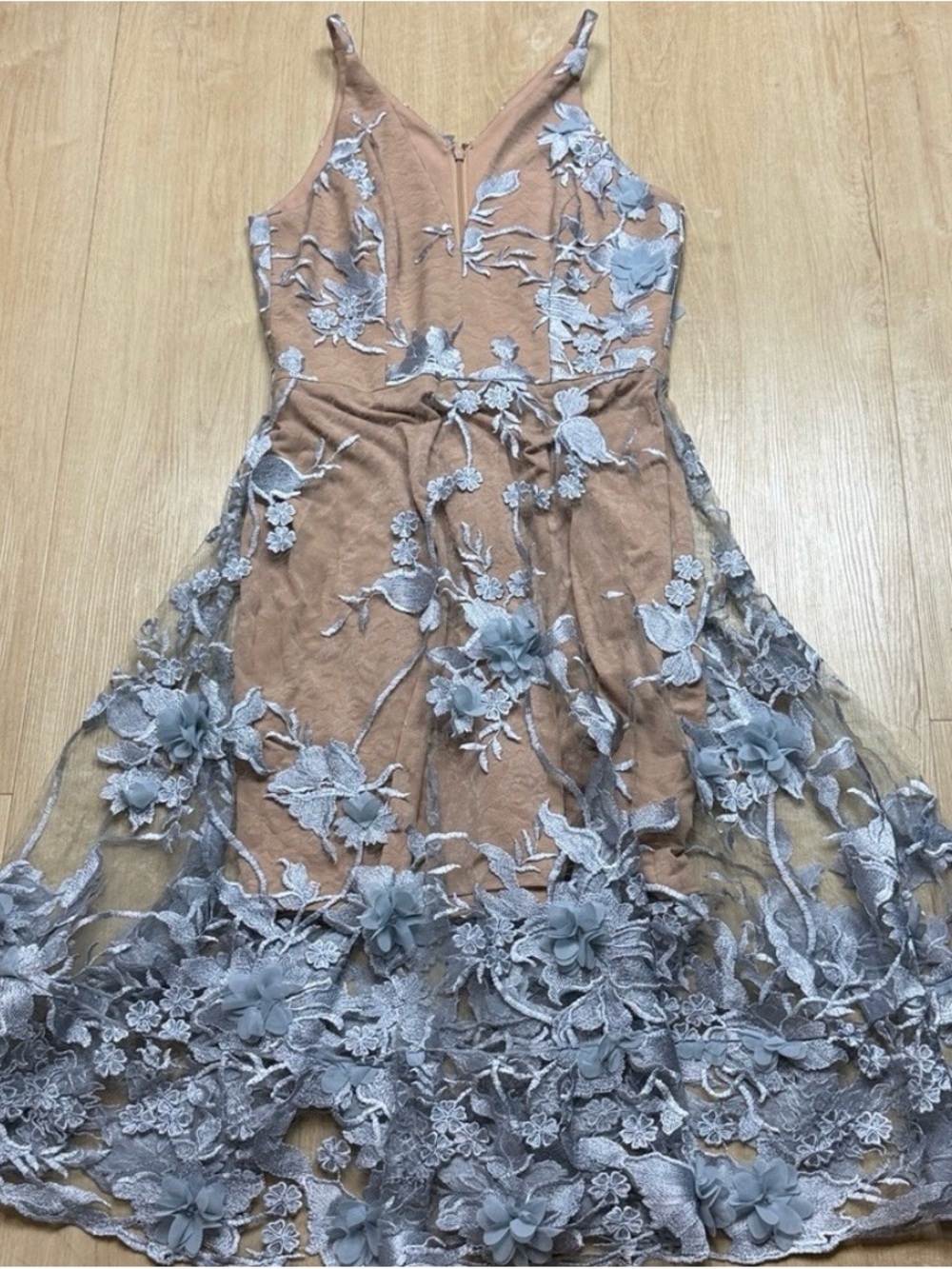 Dress the Population Sheer Floral Appliqué Maxi Dress in Silver - Picture 3 of 6